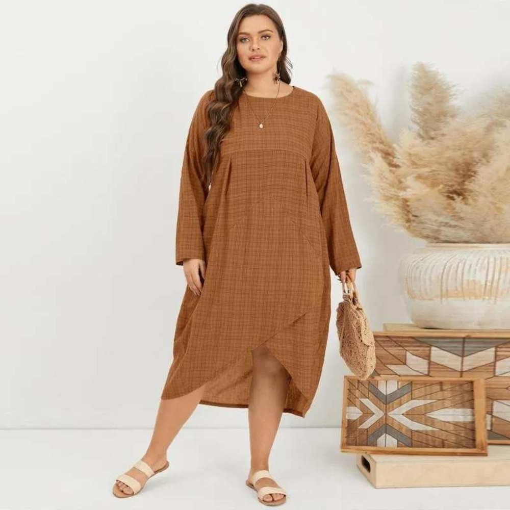 ZANZEA Collection Orange Plaid LongSleeve Asymmetrical Midi Dress Large Babydoll